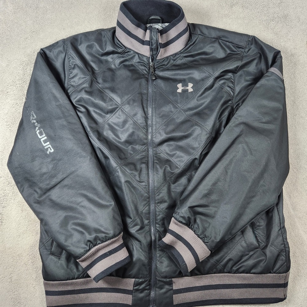 Under Armour UA Storm Quilted Full Zip Bomber Jacket Mens XL Black Striped Trim